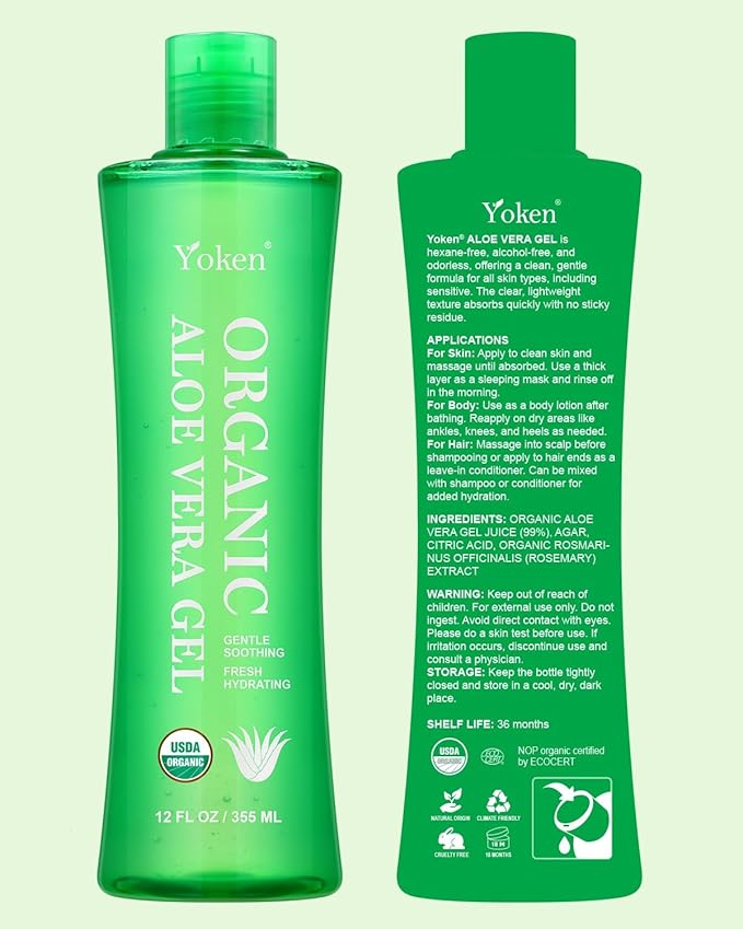 USDA Certified Organic Aloe Vera Gel 12oz, 99% Pure Aloe Vera Juice, Gel-to-Water Texture, Alcohol Free, No Added Fragrance, Face Body Hair Care, Cooling & Refreshing Summer Skincare