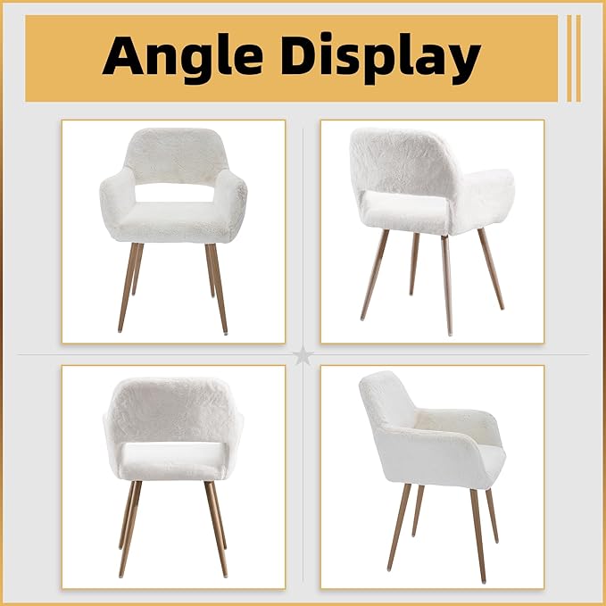 Furry Desk Chair Set of 4, Modern Home Office Chair Without Wheels, Faux Fur Vanity Chair with Hollow Backrest, Comfy Armchair Wood Frame with Strudy Metal Legs, White