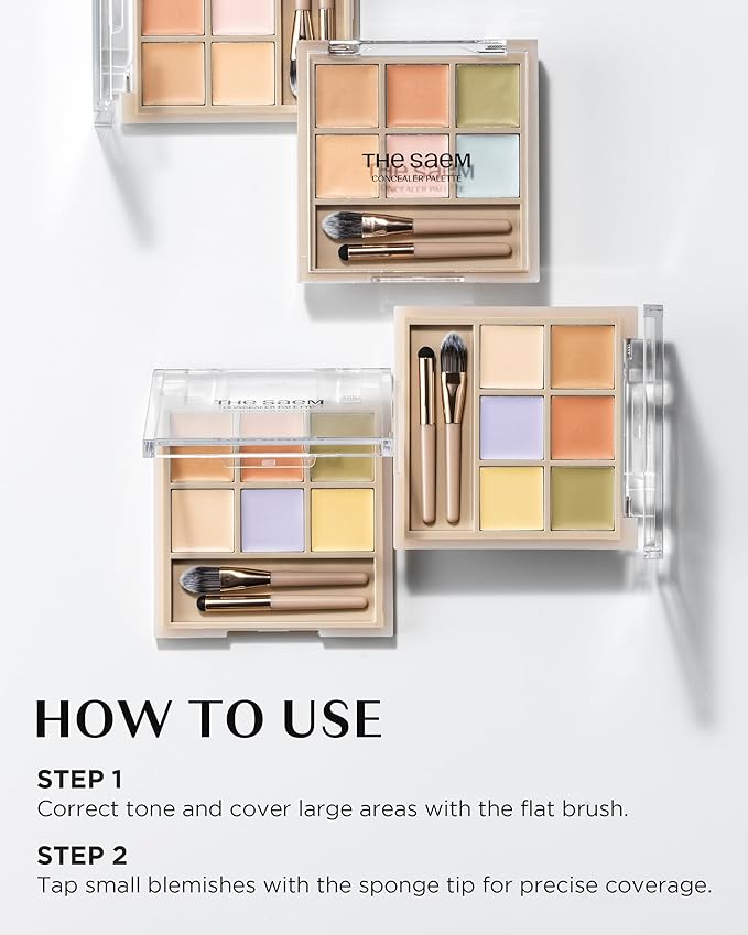 THESAEM Cover Perfection Concealer Palette - 01 Cover and Correct for Medium Skin Tones 20-23 - 6-Color Multi Concealer Palette with Dual Brush - Korean Makeup for Blemishes, Dark Circles & Redness