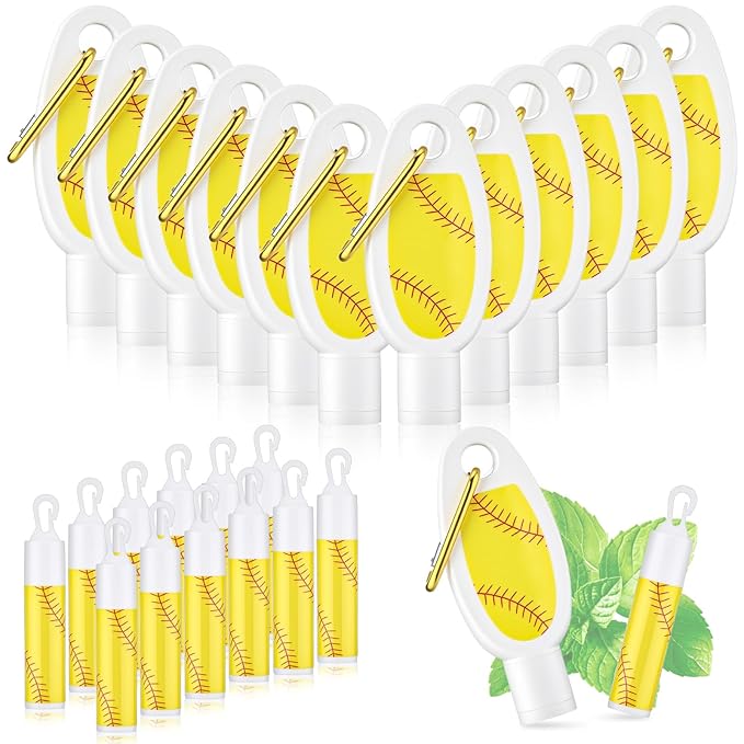 Demissle 12 Sets Softball Party Favors Mini Sunscreen and Sunscreen Lip Balms Bulk Spf 30 Travel Size 1oz Lotion with Carabiner Clip-on Lip Balms Packets for Team Women Birthday Gifts(Softball)