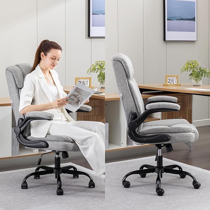 Office Chair High Back Ergonomic Executive Computer Desk Chair Comfortable Fabric Padded Home Office Desk Chairs with Flip-up Arm Rest Adjustable Height Swivel Wheels (Grey)