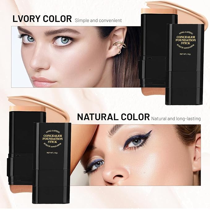 Foundation Stick,2 in 1 Dual-Ended Long-Lasting & Waterproof Concealer Korean Foundation Contour Sticks,Contouring Foundation with Brush,Full Coverage Matte Finish for Face Makeup(03LIGHT)