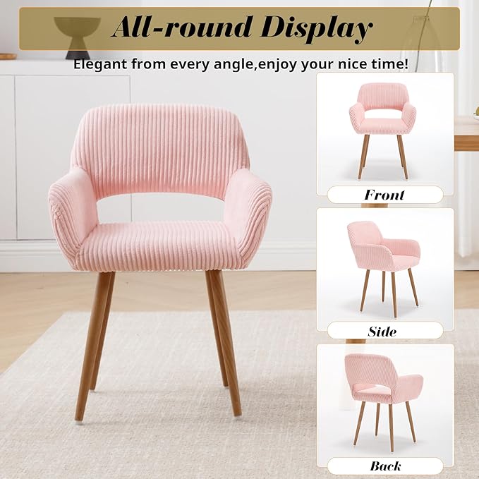 HENJIANYI Home Office Corduroy Desk Chair, Makeup Vanity Chair, Comfy Accent Armchair with Wood Grain Metal Legs, Cute Dining with Hollowed Back, Pink