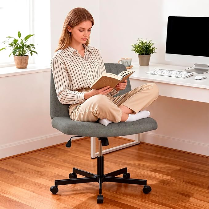 PayLessHere Criss Cross Chair Wide, Armless Office Desk Chair,Backrest Vanity Chair with Wheels 360 Swivel, Height Adjustable for Home Office, Home Office Grey