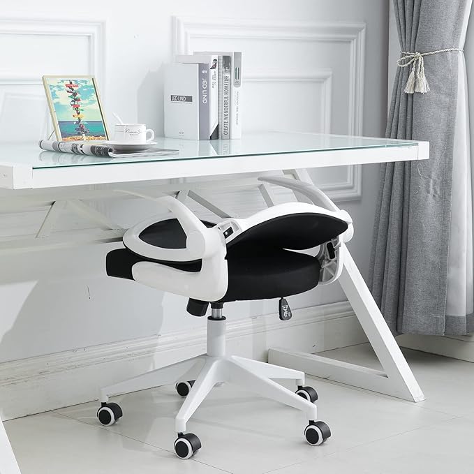IPKIG Foldable Office Chair - Home Office Desk Chairs with Wheels and Flip-Up Arms - Ergonomic Backrest Mesh Computer Chair Adjustable Swivel Rolling Home Executive (White)