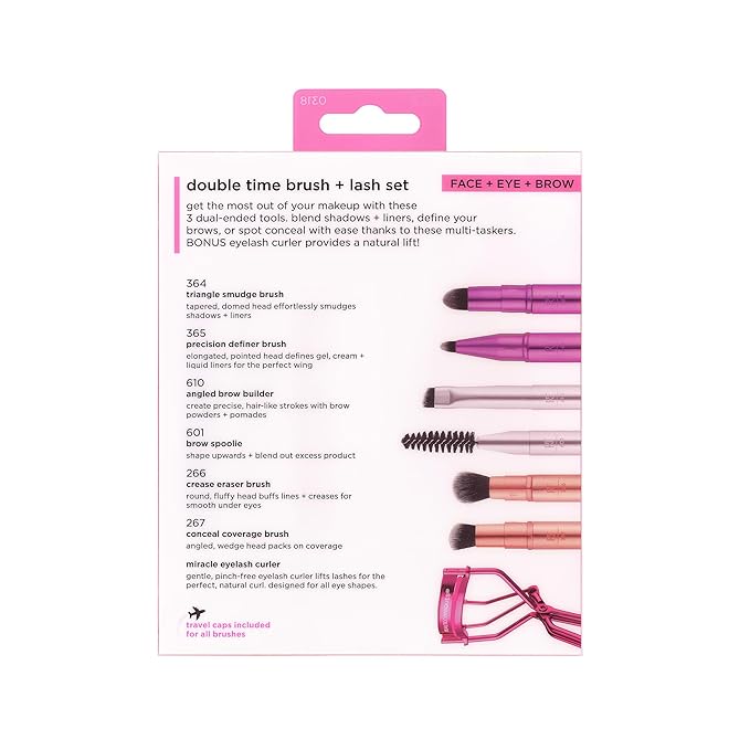 Real Techniques Double Time Brush + Lash 4 Piece Set, Dual-Ended Eye Makeup Brushes For Eyeshadow & Brows, Travel-Friendly Brush Caps For Storage, Eyelash Curler Included, Cruelty-Free
