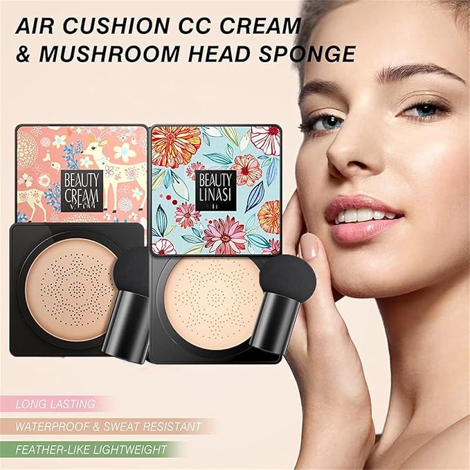QUROXO Wonderninelife Beauty Cream, Beauty Linasi Clear Cover Beauty Cream, Beauty Cream Base,Mushroom Head Air Cushion Cc Cream, Moisturizing Concealer, Long Lasting (Ivory White+Nature)