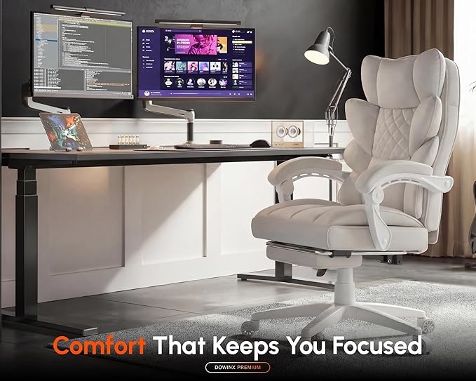 Dowinx Big and Tall Office Chair with Pocket Spring Cushion,High Back Computer Gaming Chairs with Linkage Armrests,Executive Desk Chairs with Footrest,PU Leather-White