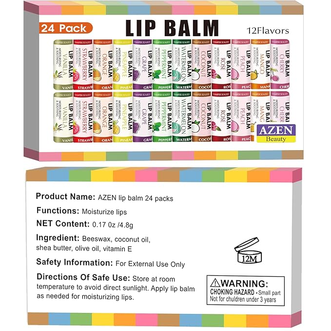 AZEN 24 Pack Lip Balm Bulk, Moisturizing Lip Balms for dry cracked lips, Valentines Gifts Easter Basket Stuffers - 12 Flavors