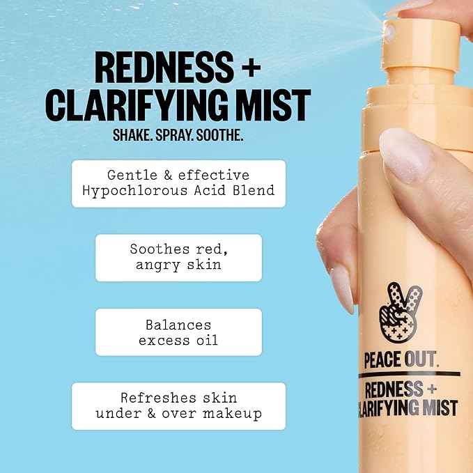 PEACE OUT Redness + Clarifying Mist, Hypochlorous Acid Facial Spray for Acne-Prone Skin, Helps Calm Redness, Control Excess Oil, and Refresh Skin Over and Under Makeup, 3.3 fl oz