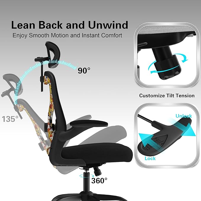 Office Chair for Back & Neck Pain Relief, Virgin Foam Seat, 2D Adjustable Lumbar & 3D Headrest, Flip-Up Armrests, Tilt & Rock for Relaxation, Black/UF