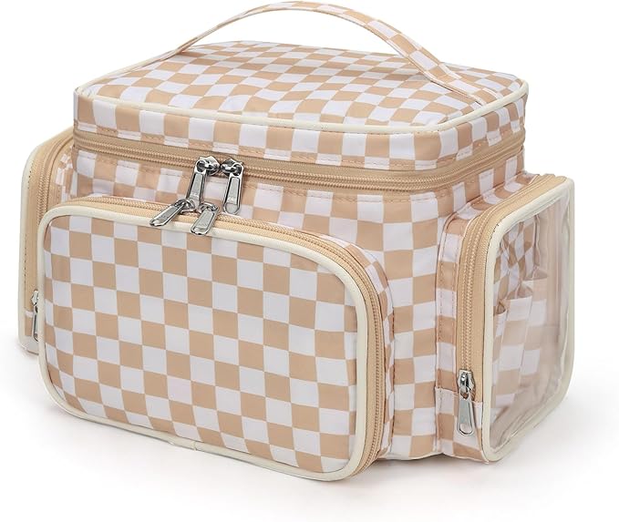 Large Makeup Bag, Portable Travel Makeup Bag Organizer for Women Girls with Makeup Brush Compartment & Two Side Pockets, Cosmetic Travel Bag Vertical Storage Toiletry- Checkerboard