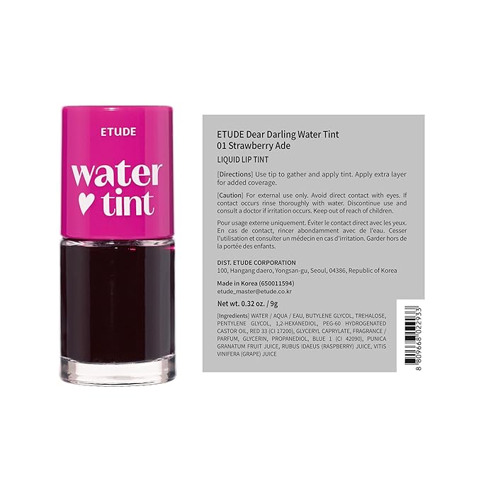 ETUDE Dear Darling Water Tint – Strawberry Ade | Korean Lip Stain & Lip Tint for Hydrated Pink Lips, Smudge-Proof Long-Lasting Lip & Cheek Makeup | K-Beauty Gift, Stocking Stuffers