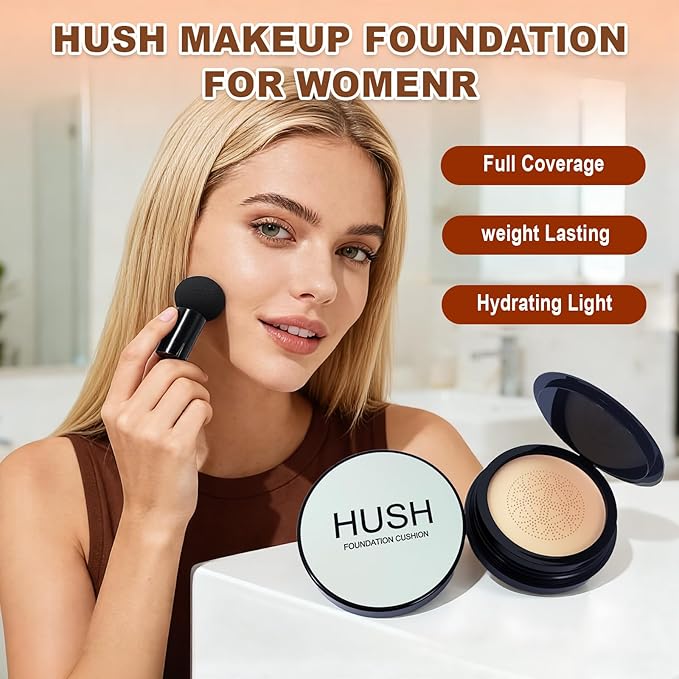Hush makeup foundation -glow makeup foundation for older women – Korean Warm Tone CC Mushroom Air glow Foundation, Full Coverage Long-Lasting BB Cream cushion foundation, Natural Radiant Finish