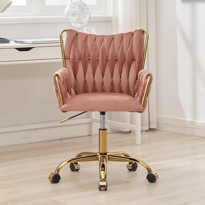 ABET Velvet Desk Chair with Wheels, Cute Upholstered Swivel Office Chair, Modern Gold Rolling Hand Woven Height Adjustable Armchair for Women Girls Home Makeup, Vanity, Nail Salon, Rose Red