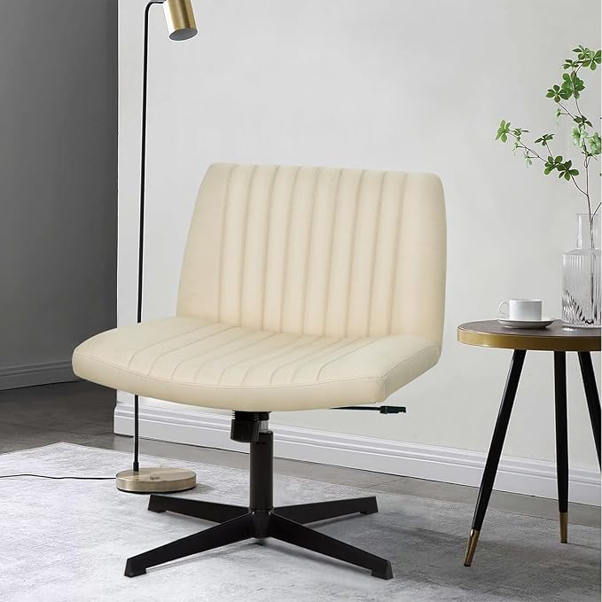 PayLessHere | Criss Cross Chair | Beige | Wide, Armless Desk Chair Without Wheels | 360 Swivel, Height Adjustable & Stable Metal Base | for Office, Home Office, Vanity Seating