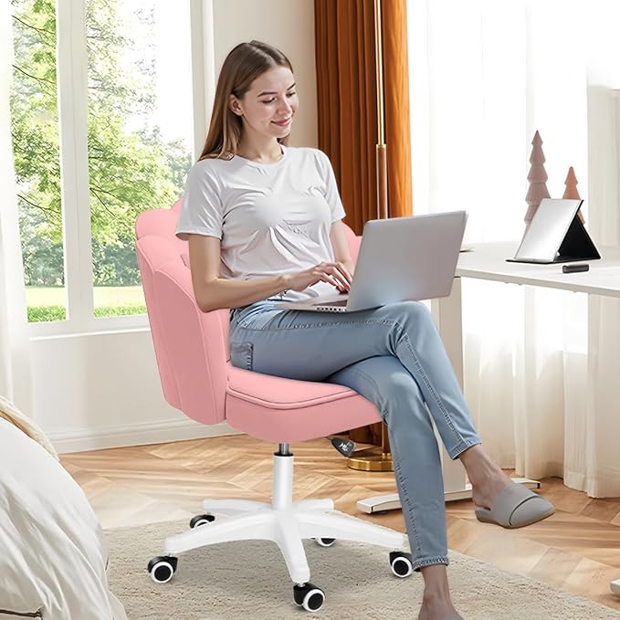 Vanity Chair with Wheels Velvet Petal Desk Chair Upholstered Tufted Home Office Chair for Women Girls, Height Adjustable Makeup Task Chair for Bedroom Living Room