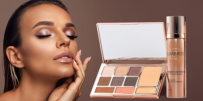 LUMINESS Face Time All In One Makeup Kit - Includes Face Palette, Airbrush Foundation, and Makeup Brush - Long-Wearing, Silky, Soft, Easy to Blend, 3-PC Make Up Set (13 - Deep)