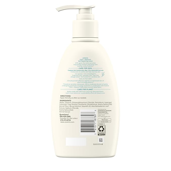 Aveeno Calm + Restore Oat Repairing Body Lotion for Sensitive Skin, Daily Moisturizer with Prebiotic Oat, Aloe & Pro-Vitamin B5, Fragrance Free Body Lotion Helps Heal Dry Skin, 12 oz