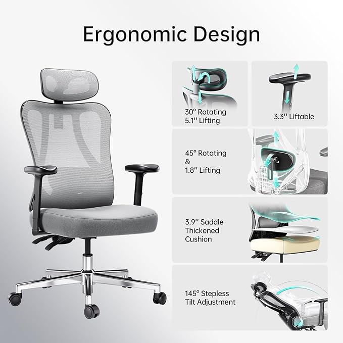 Hbada P3 Ergonnomic Office Chair with 2D Adjustable Lumbar Support, Office Chair with Adjustable Headrest and Armrest, 145° Stepless Tilt Function, Grey(No Footrest)