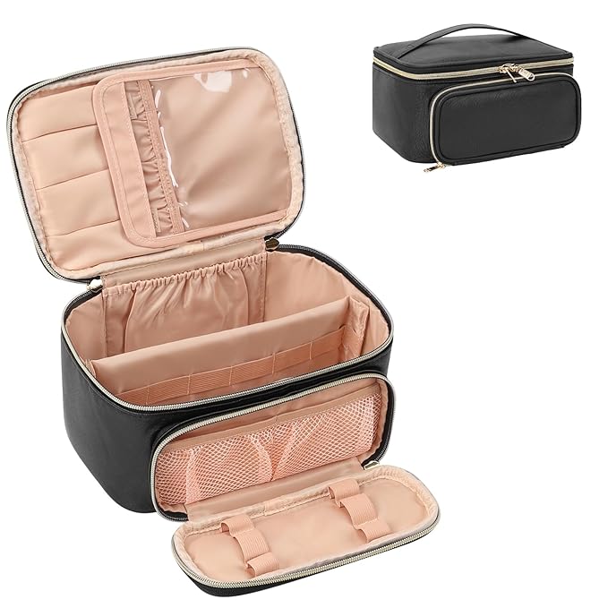 OCHEAL Makeup Bag, Multifunctional Make Up Bags with Zipper Pouch Large Compact Makeup Bag Organizer for Women Girls Cosmetics Toiletry Brushes Storage Makeup Case with Handle Divider-Black