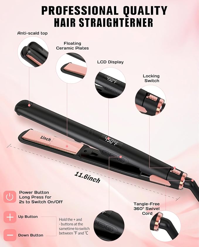 Flat Iron Hair Straightener, Ceramic Hair Straightener and Curler 2 in 1, Rapid 30-Second Heat-Up Hair Straightening Iron with Floating Plates for Less Frizz, Shinier & Smoother Hair