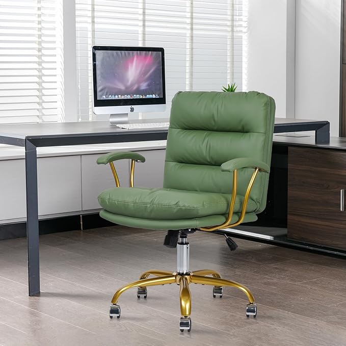 Leather Home Office Desk Chair, Mid-Back Vanity Chair Make Up Chair with Gold Wheels and Armrests, Rolling Swivel Computer Task Chair for Office Bedroom Living Room Girls Women, Green, 2 Pack