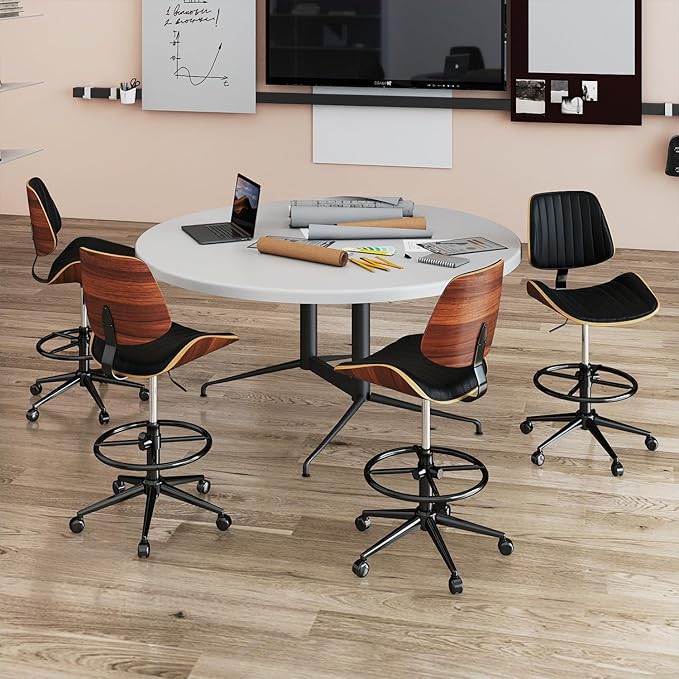 Drafting Chair, Ergonomic Office Chair with Walnut Wood Back Support, Armless PU Leather Desk Chair with Height-Adjustable, Thick Cushion for Home, Bar, Drafting, Office (Black)