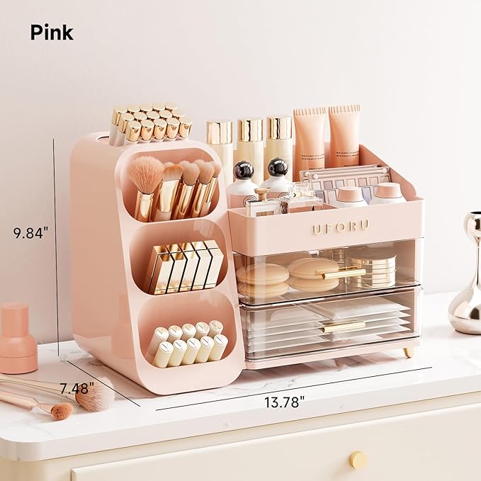 Makeup Organizer for Vanity with Brush Holder, Countertop Skincare Organizer with 2 Drawers, Spacious Cosmetic Display Case for Perfumes, Eyeshadow Palettes, Nail Polishes