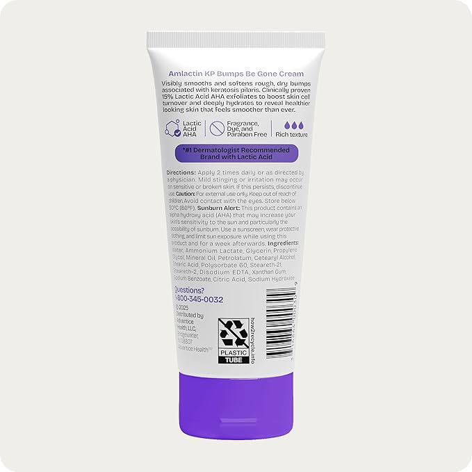 AmLactin KP Bumps Be Gone - Therapeutic Body Cream for Keratosis Pilaris - No-Scrub Exfoliator and Body Moisturizer for Dry Skin with 15% Lactic Acid AHA, 3 oz, Pack of 2 (Packaging May Vary)