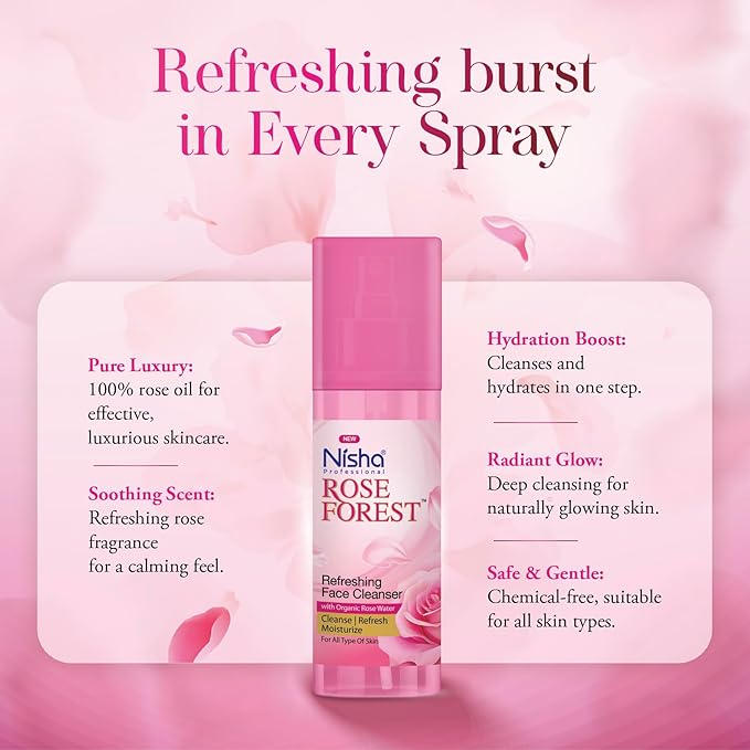 Nisha Professional Refreshing Face Cleanser with Organic Rose Water 120ml | Gulab Jal Cleansing Water for All Skin Types | for Women & Men | Alcohal Free | Cleanse, Refresh & Moisturize