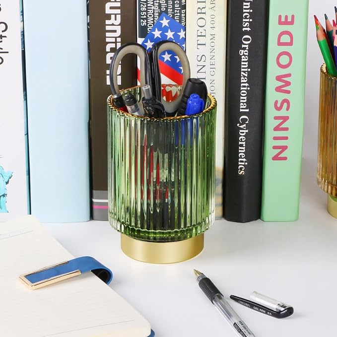 Glass Makeup Brush Holder Organizer, Gold Toothbrush Holders for Bathroom, Green Makeup Brush Holder Cup for Vanity, Desktop Crystal Eyeliners Eyebrow Pencil Storage Cup Holder