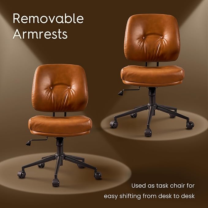HOOOWOOO Ergonomic Office Chair,Mid Century Modern Computer Desk Chair,Comfy Executive Chair with Extra Wide Tufted Cloudy Seat Lumbar Support Rocking Back,PU Leather Light Brown