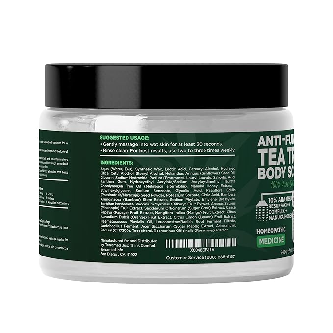 Terramed Just Think Comfort Antifungal Body Scrub with Tea Tree Oil – Exfoliating Body Wash for Women & Men – Soothes Itchy Skin, Rashes, Acne, Warts & Insects Bites – 12 Fl oz with Scrubber Brush