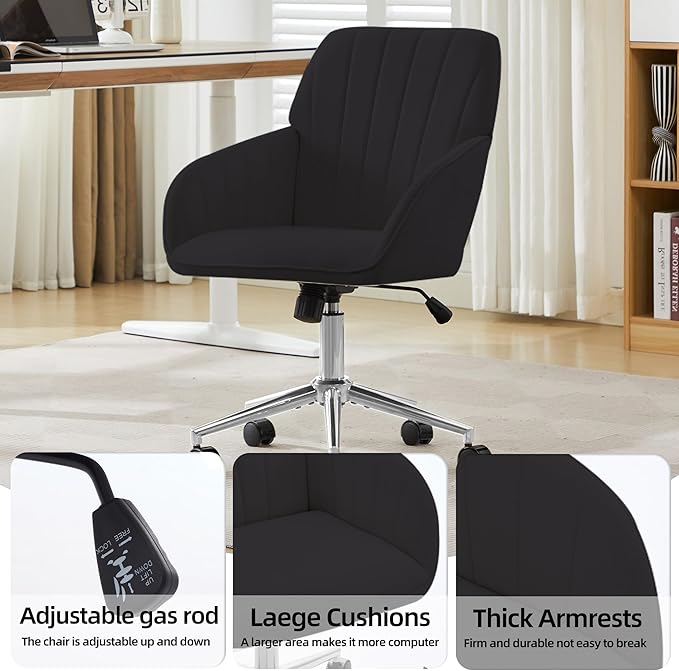 Velvet Home Office Desk Chair, Modern Cute Computer Task Chair with Back, Height Adjustable Upholstered Vanity Chair with Swivel Wheels for Women, Girls (Silver Base, Black