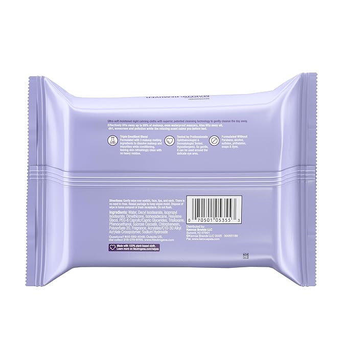 Neutrogena Makeup Remover Night Calming Cleansing Towelettes, Disposable Nighttime Face Wipes to Remove Dirt, Oil & Makeup, 25 ct