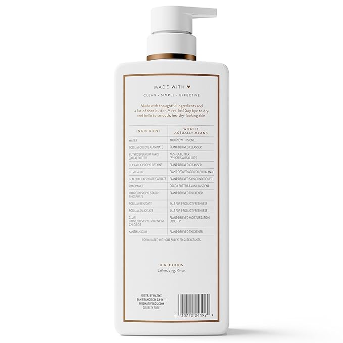 Native Moisturizing Body Wash, Cocoa Butter & Vanilla, 24-Hour Hydration for Dry & Sensitive Skin, Made with Real Shea Butter, Sulfate & Paraben Free, 22 oz