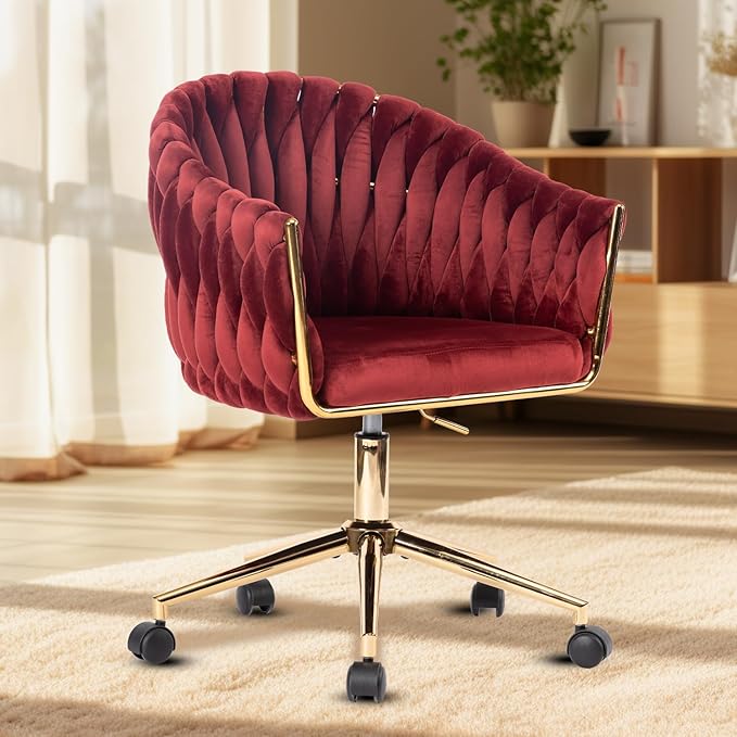 Velvet Office Chair, Vanity Chairs with Wheels, 360° Swivel Velvet Home Office Desk Chair, Accent Chair Makeup Vanity Chair for Bedroom, Living Room(Red)