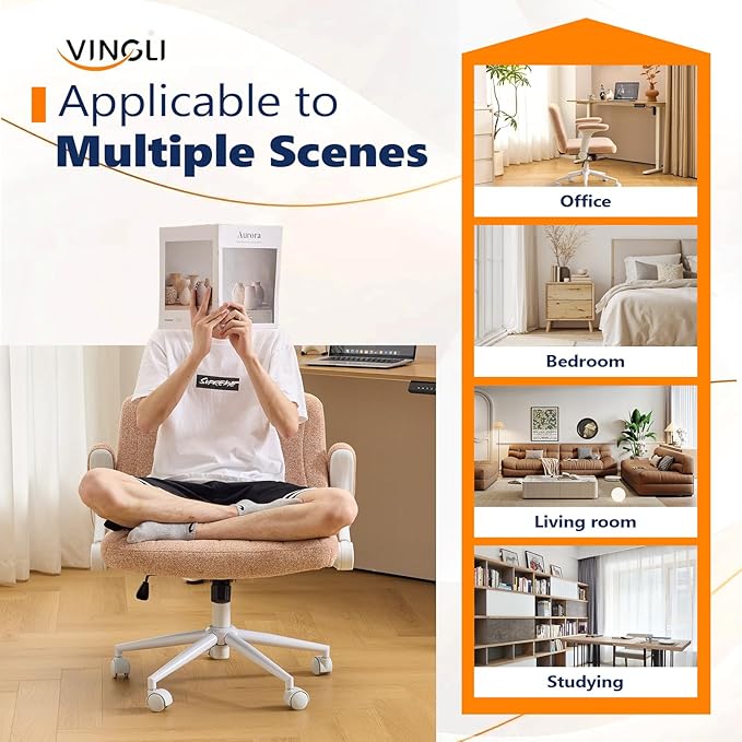 VINGLI Criss Cross Chair with Adjustable Flip-Up Arms,Cross Legged Chair with Wheels, Extra Wide Office Chair,Cozy Desk Chair for Home Office, Vanity, Apartment,Chenille Velvet,Orange