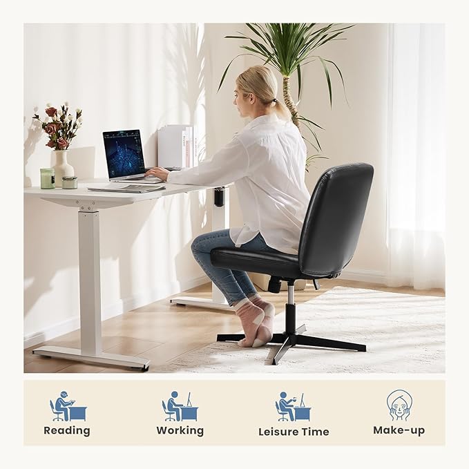 DUMOS Desk Chair No Wheels, Criss Cross Chair Wide Cross Legged Office Desk Vanity Chair, PU Leather Armless Adjustable Swivel Chairs for Home Computer Task Black