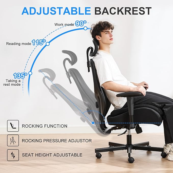 BOSMILLER Big and Tall Office Chair with Wide Thick Seat Cushion for Heavy People,700lbs Ergonomic Mesh Desk Chair with Adjustable Lumbar Support and Headrest, Armrests for Adults Sitting All Day