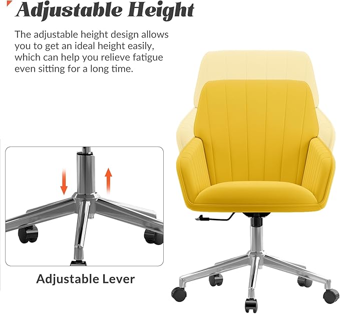 YISHENG Velvet Office Desk Chair with Silver Base, with Wheels,Modern Height Adjustable 360 Degree Swivel Upholstered Vanity Chairs with Arms for Living Room Bedroom,Yellow
