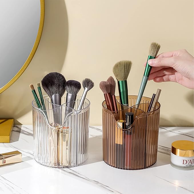 Makeup Brush Holder,Transparent Makeup Organizer,4 Slot Makeup Brushes Cup,for Vanity Decor,Bathroom Countertops,Desk Storage Container,Cosmetic Display cases(Clear Coffee)