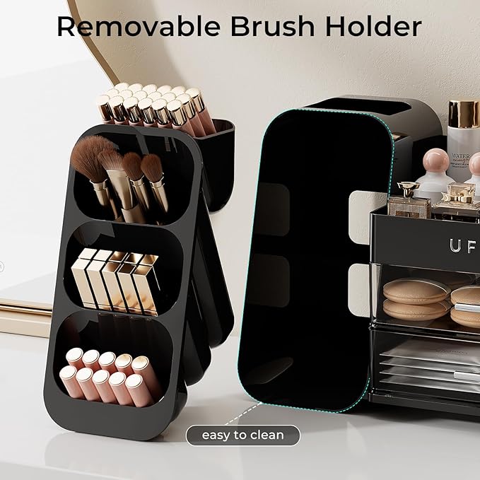 Makeup Organizer for Vanity with Brush Holder, Countertop Skincare Organizer with 2 Drawers, Spacious Cosmetic Display Case for Perfumes, Cologne, Shaving Lotion