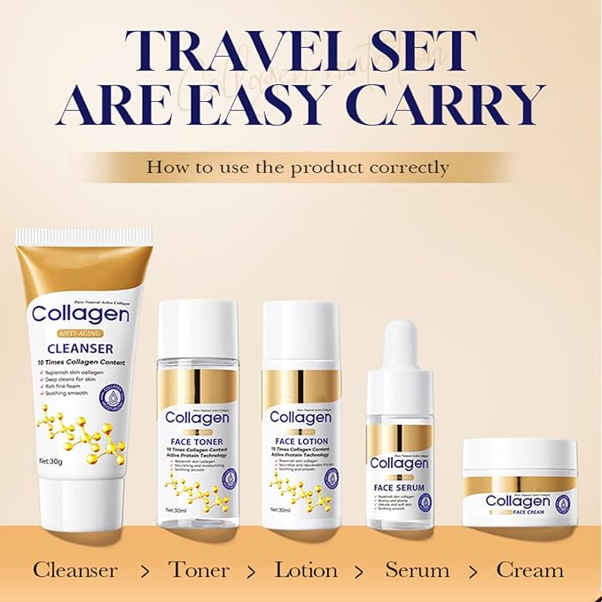 Collagen Skin Care Set Travel Kit, Mini Travel Essentials Skincare Set Women Gifts with Cleanser, Toner, Lotion, Serum, Cream Hydrating, Firming Skin, Travel Size Gift Kit for Teens & Women