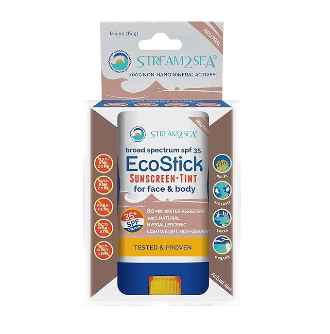 STREAM2SEA EcoStick SPF 35 Mineral Sunscreen Stick, Sweat Water Resistant Sunblock, USDA Approved Biodegradable Paraben Free Reef Safe Sunscreen Protection Against UVA UVB (EcoStick Tint) - 0.5 oz