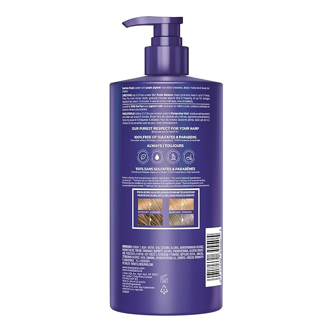 L’Oreal Paris Sulfate Free Brass Toning Purple Conditioner for Blonde,Bleached,Silver,or Brown Highlighted Hair,EverPure,23 Fl Oz (Packaging May Vary),(Pack of 2)