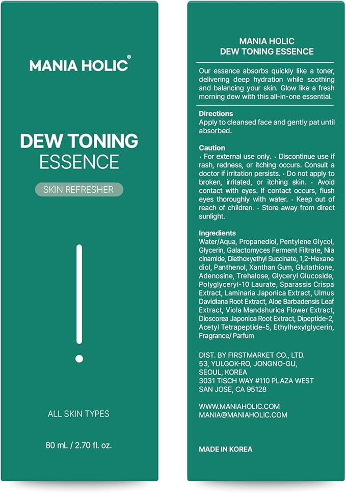 MANIA HOLIC Dew Toning Essence, 2-in-1 Exfoliating Toner Essence Formula with Galactomyces Ferment, Panthenol, & Peptides, Reduces Fine Lines and Wrinkles, Hydrating Korean Skin Care, 2.70 fl oz