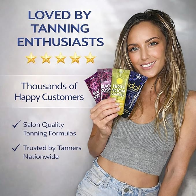 10 Pack of Tanning Bed Lotion Packets + Eyewear, The Tan Box is a Random Selection, Best Indoor UV or Outdoor Sun Cream, Dark Accelerator with Goggles (0.5 oz each)