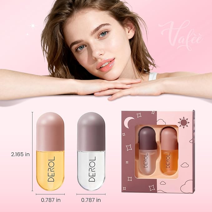 DEROL Lip Plumper by Vafee, Natural Lip Plumper and Lip Care Serum, Lip Enhancer for Fuller, Lip Mask, Beautiful Fuller, Hydrating & Reduce Fine Lines 5.5ML (Day& Night)
